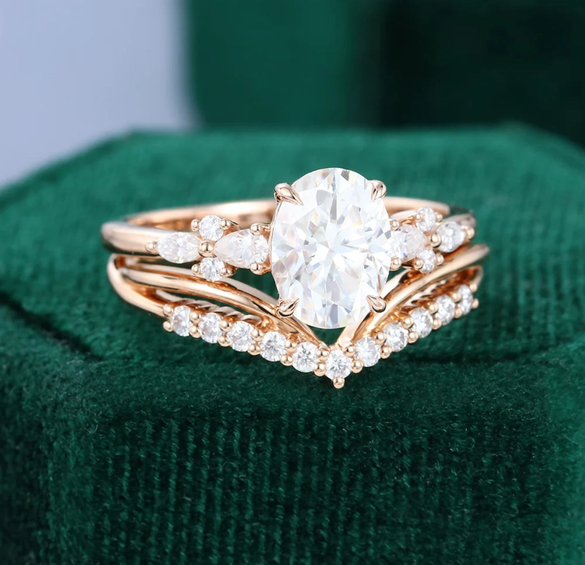 1.5 ct Oval Cut Diamond Bridal Ring Set 18k Gold Side Stone Engagement Ring
