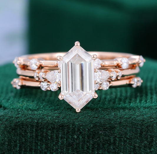 1.5 ct 3PCS Long Hexagon Cut Diamond Engagement Ring Set 18k Gold