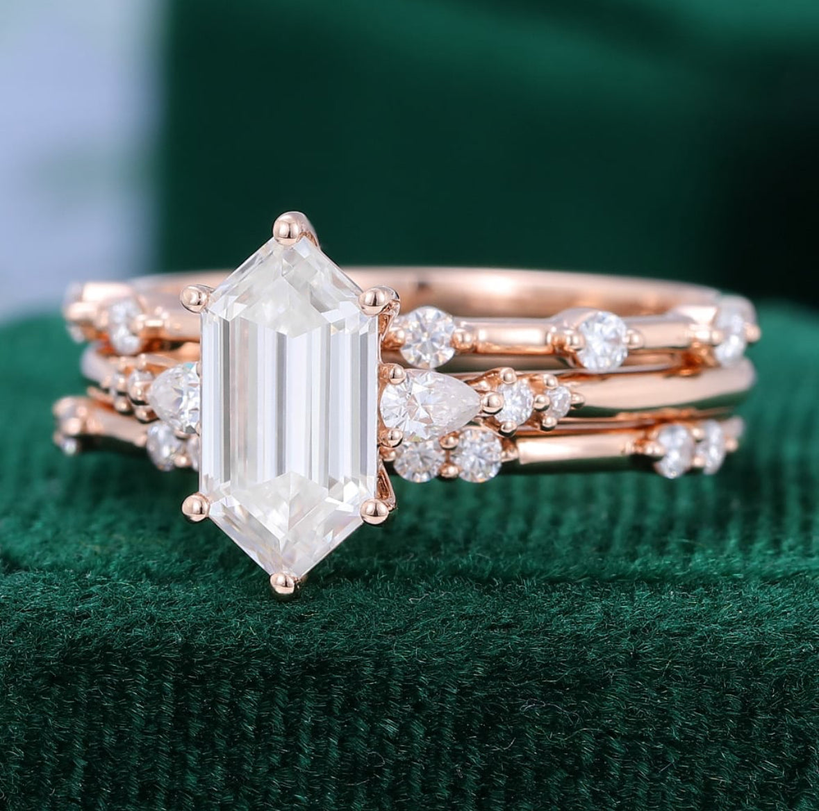 1.5 ct 3PCS Long Hexagon Cut Diamond Engagement Ring Set 18k Gold