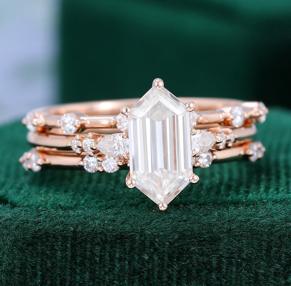 1.5 ct 3PCS Long Hexagon Cut Diamond Engagement Ring Set 18k Gold
