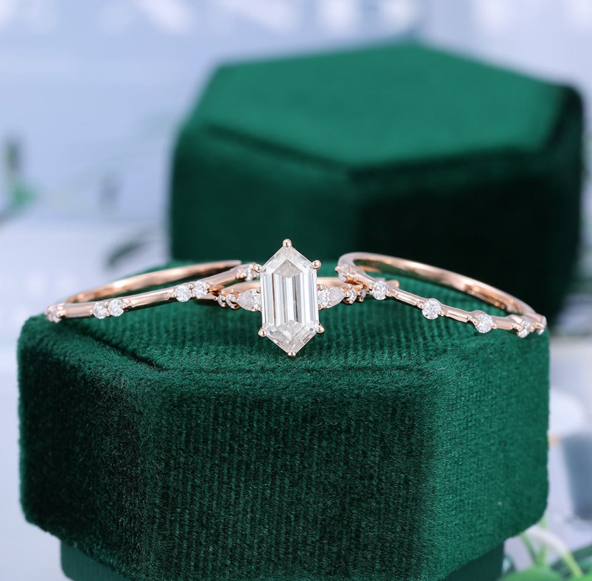 1.5 ct 3PCS Long Hexagon Cut Diamond Engagement Ring Set 18k Gold