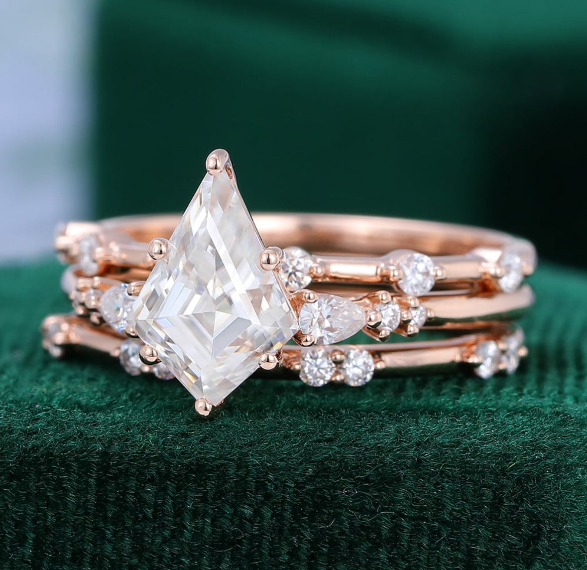 1.5 ct 3PCS Kite Cut Diamond Engagement Ring Set 14K Rose Gold