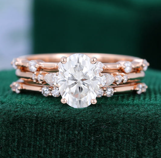 1.5 ct 3PCS Oval Cut Diamond Engagement Ring Set 18k Gold