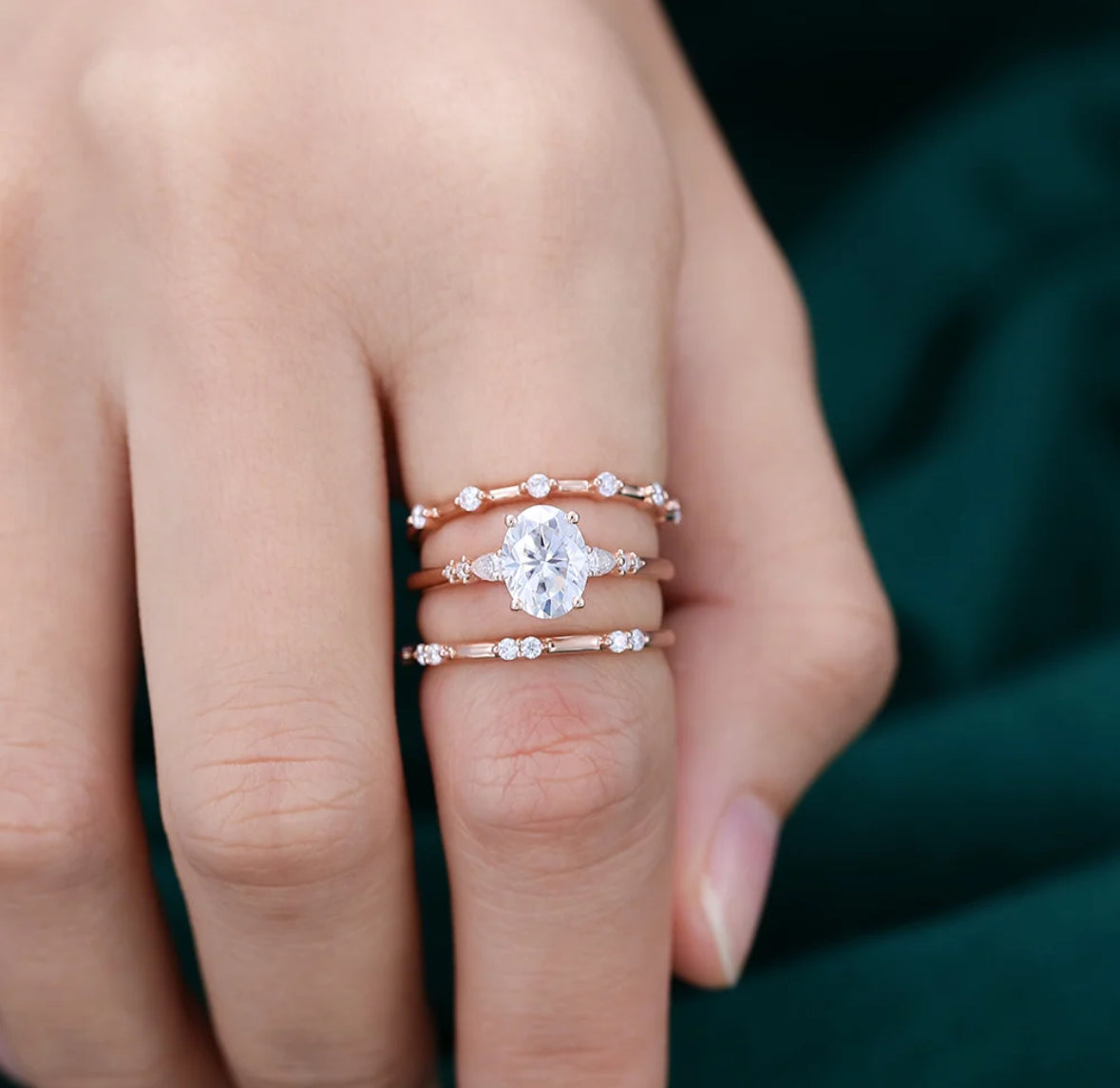 1.5 ct 3PCS Oval Cut Diamond Engagement Ring Set 18k Gold
