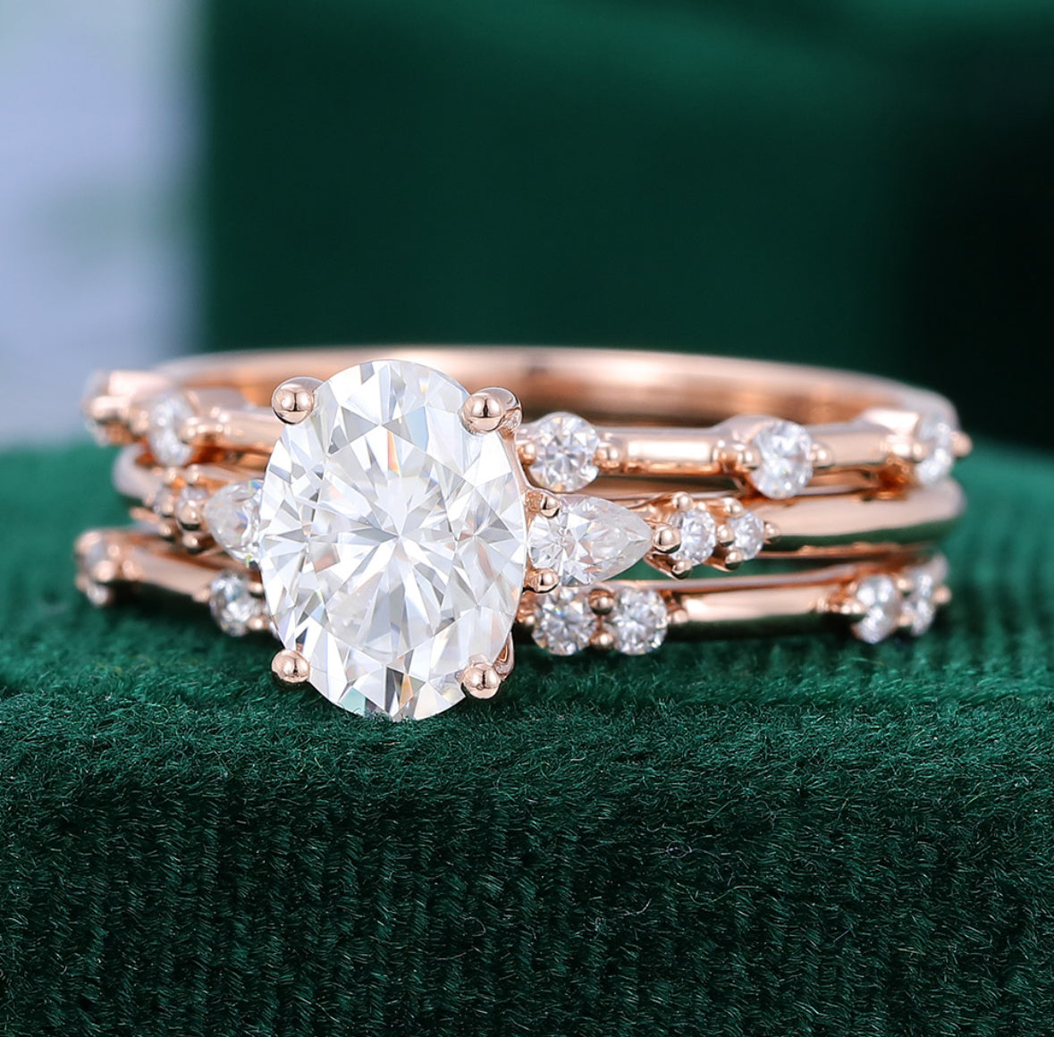 1.5 ct 3PCS Oval Cut Diamond Engagement Ring Set 18k Gold