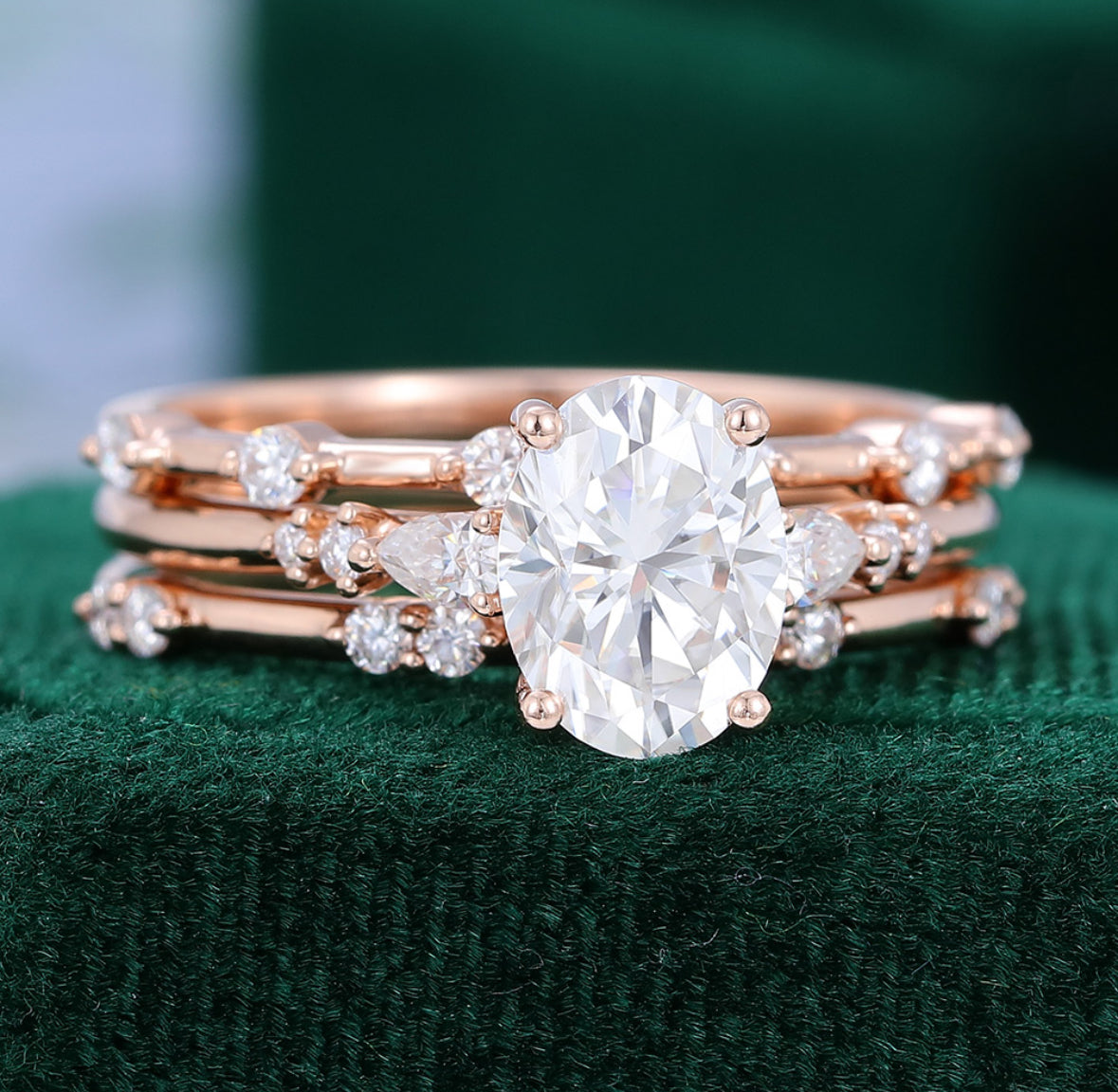 1.5 ct 3PCS Oval Cut Diamond Engagement Ring Set 18k Gold