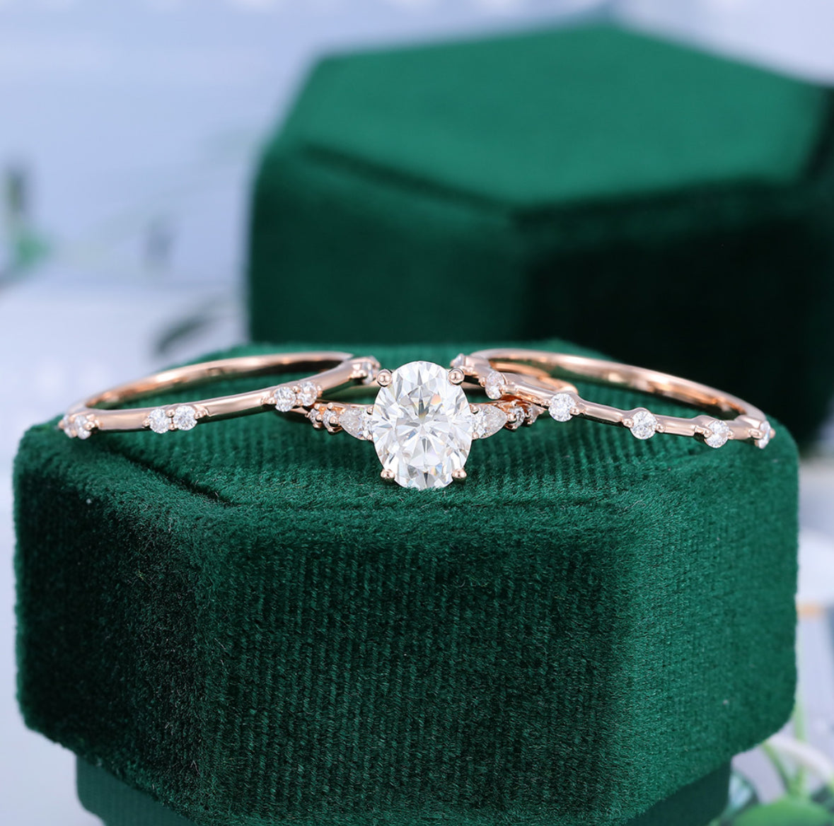 1.5 ct 3PCS Oval Cut Diamond Engagement Ring Set 18k Gold