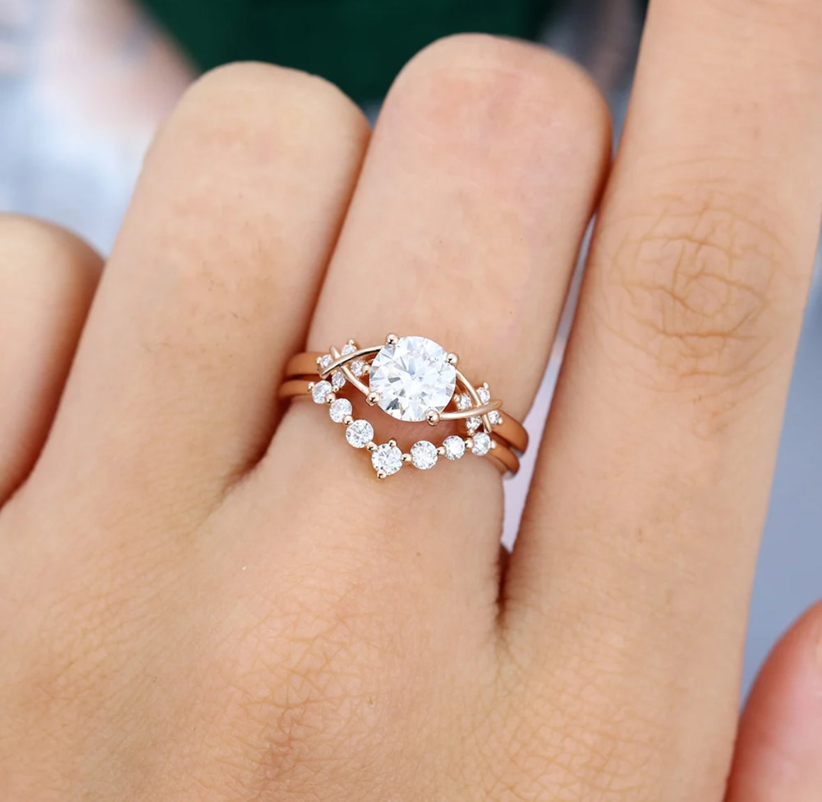 1ct Round Cut Criss Cross Diamond Accented Bridal Ring Set 18k Gold