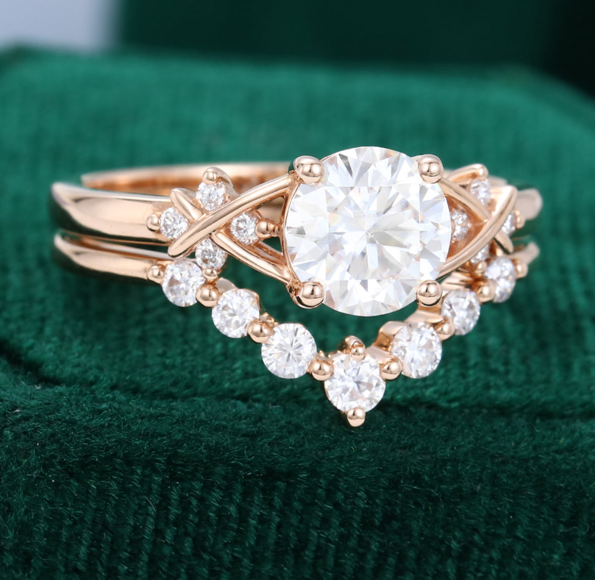 1ct Round Cut Criss Cross Diamond Accented Bridal Ring Set 18k Gold