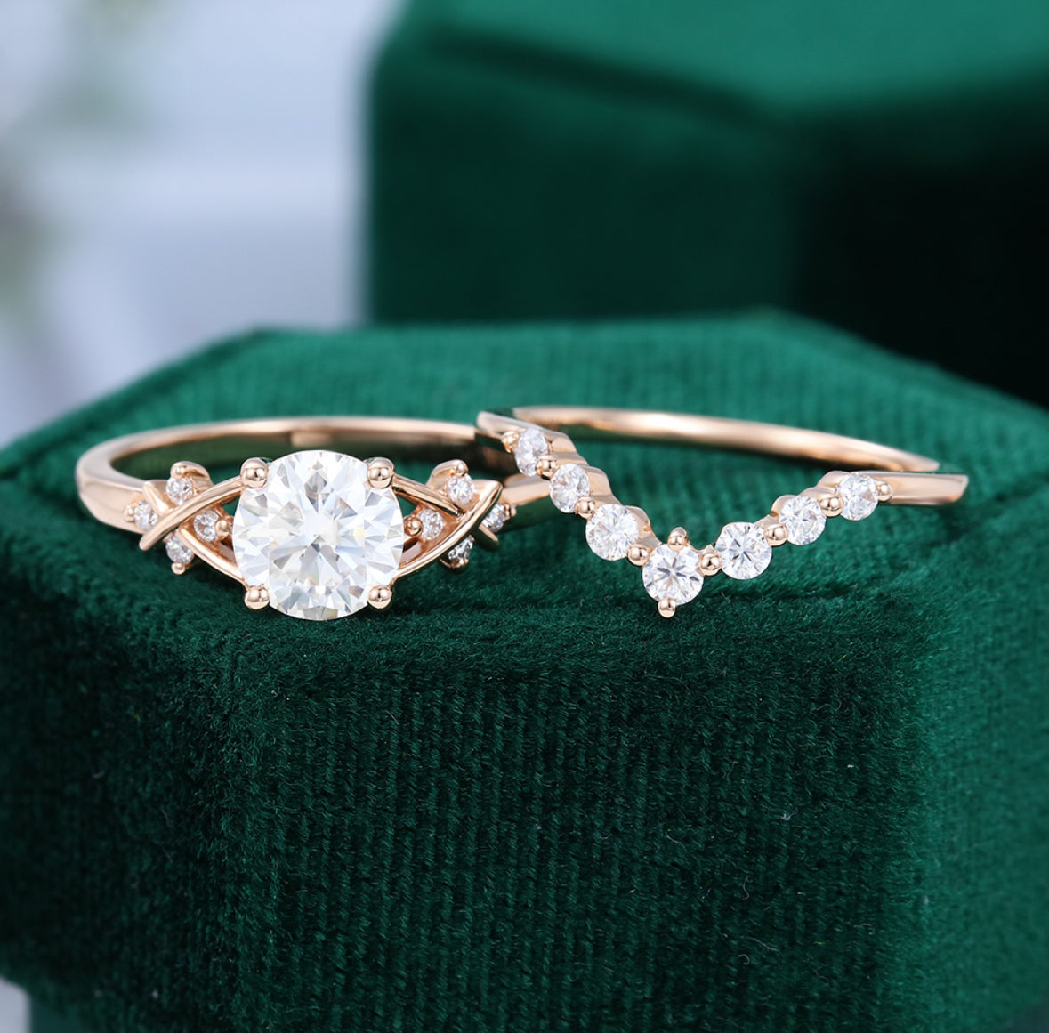 1ct Round Cut Criss Cross Diamond Accented Bridal Ring Set 18k Gold