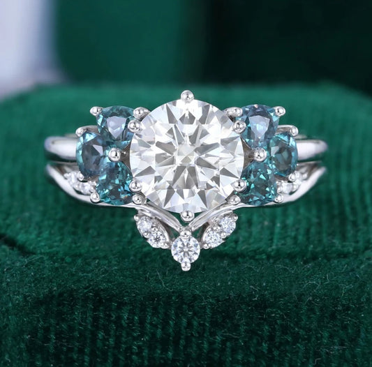 1.5 ct Diamond & Alexandrite Engagement Ring Set 18k Gold