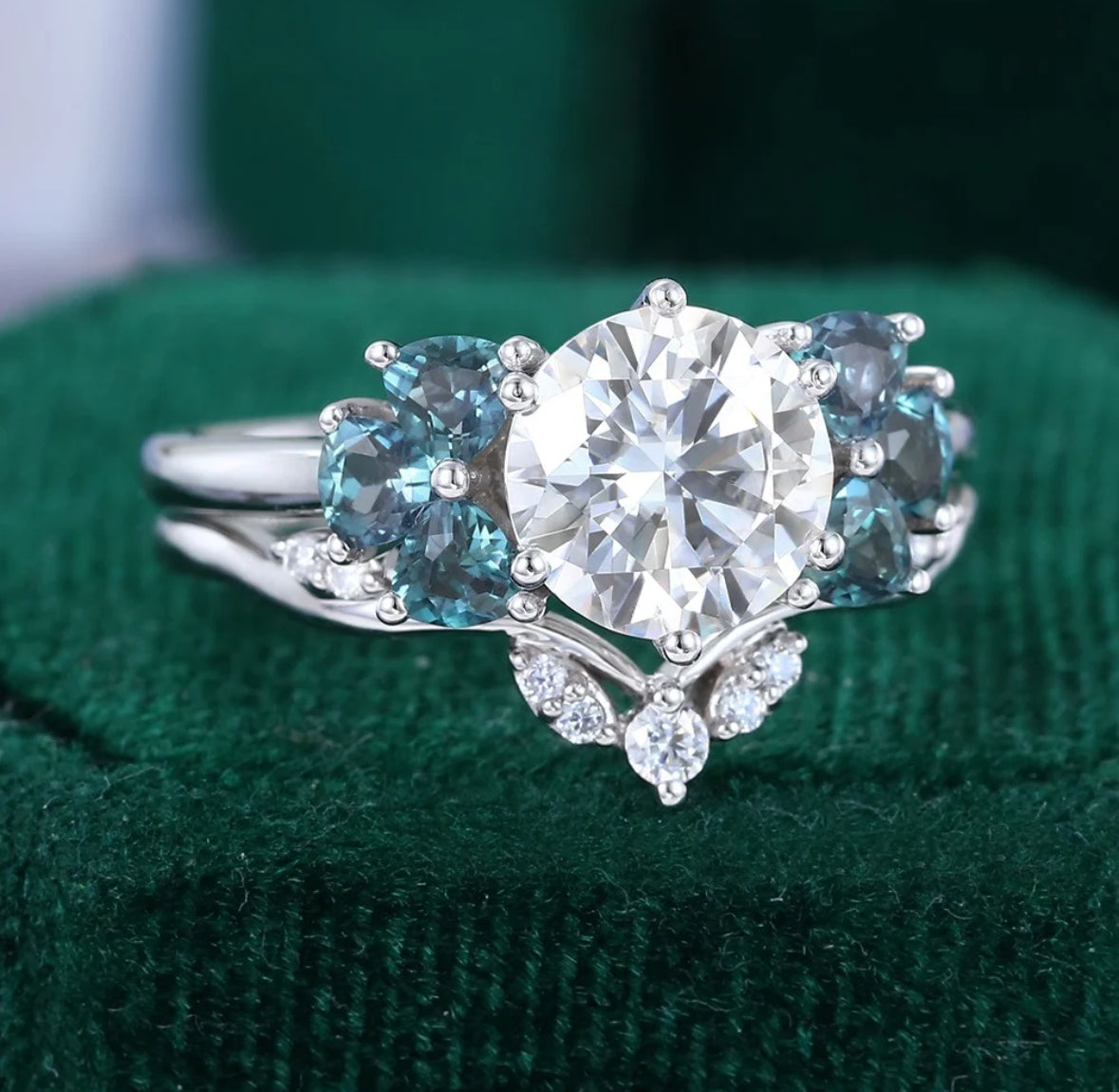 1.5 ct Diamond & Alexandrite Engagement Ring Set 18k Gold