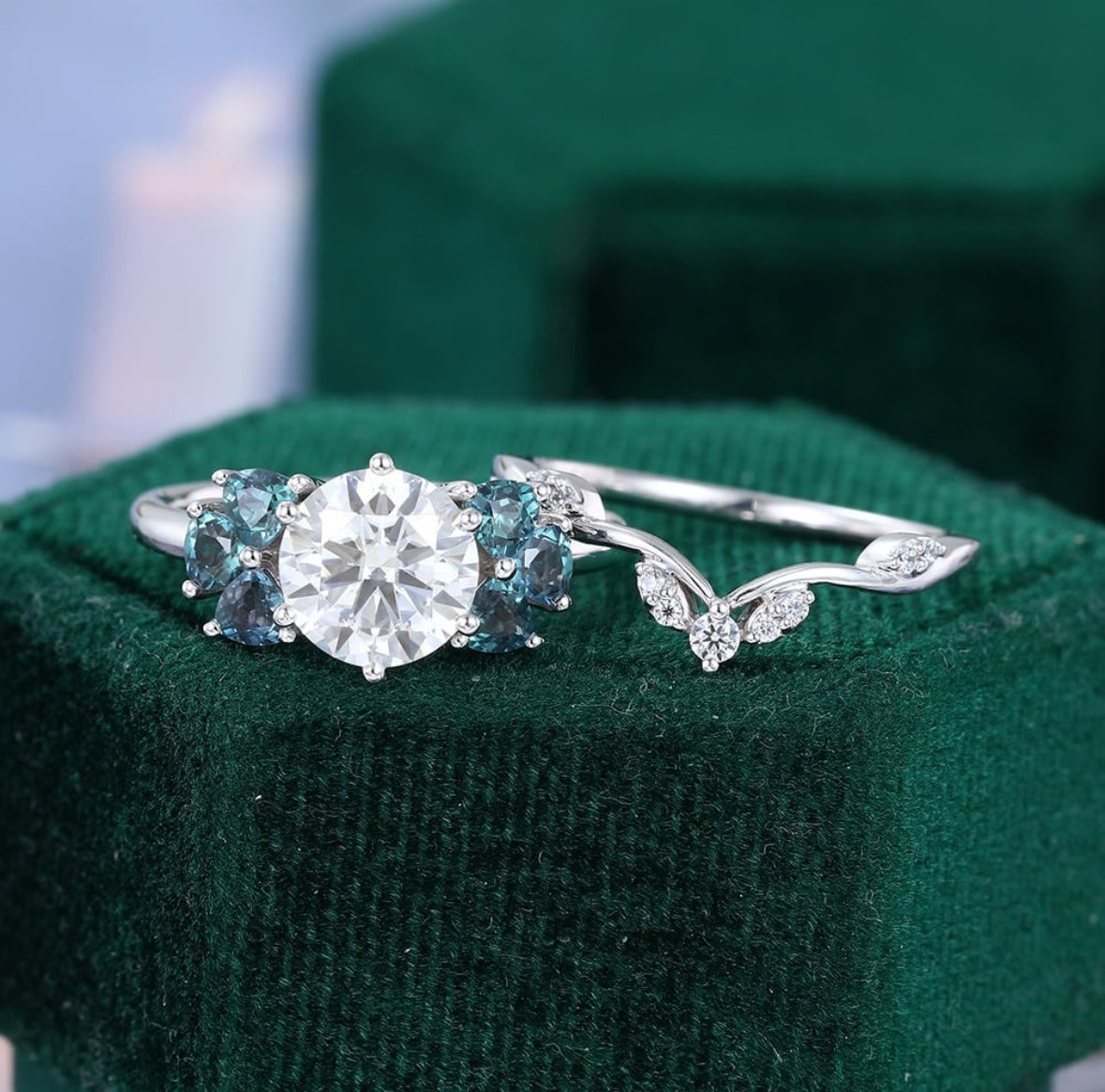 1.5 ct Diamond & Alexandrite Engagement Ring Set 18k Gold