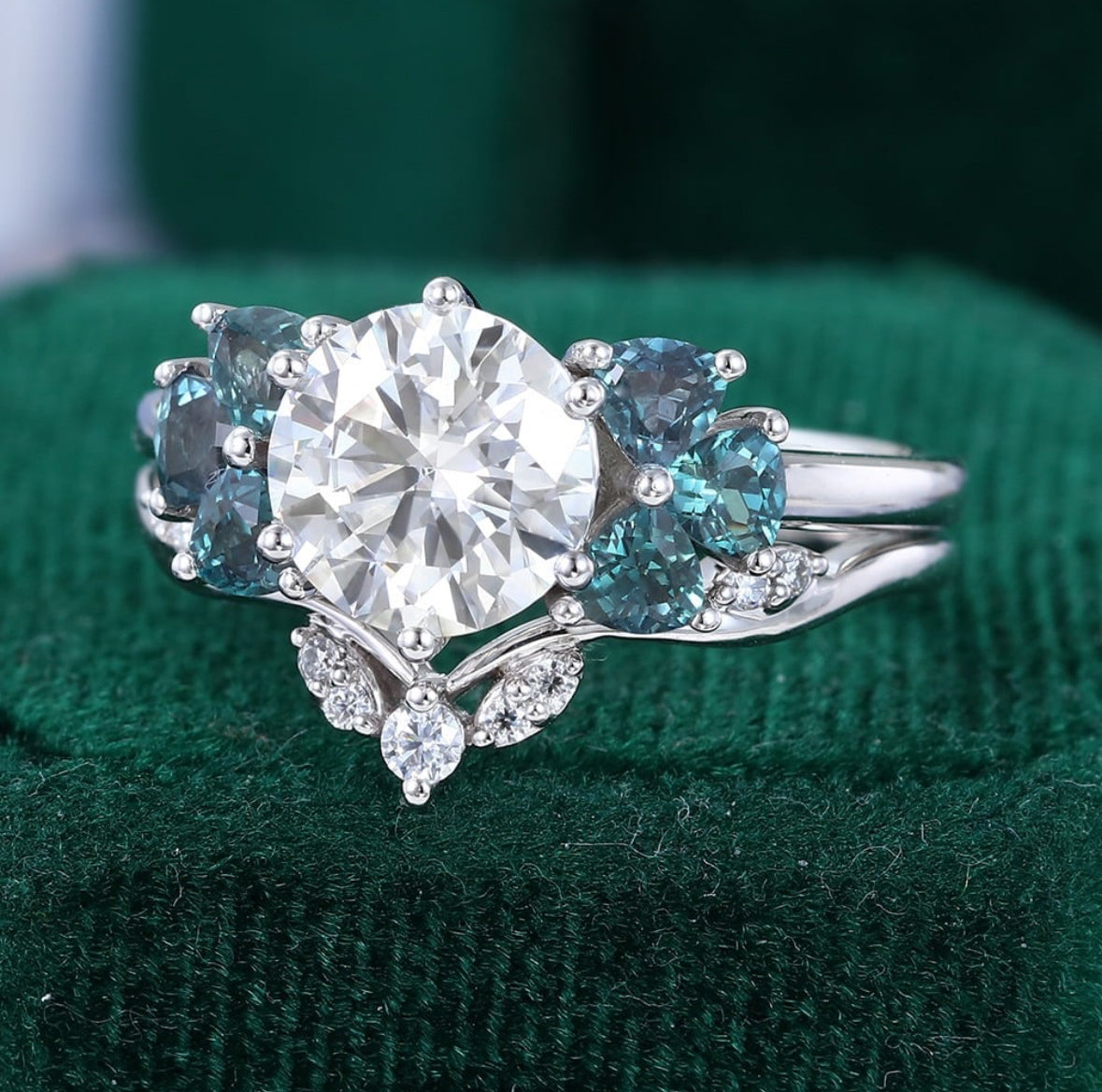 1.5 ct Diamond & Alexandrite Engagement Ring Set 18k Gold
