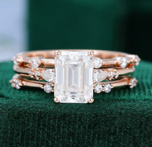 1.5 ct 3PCS Emerald Cut Diamond Engagement Ring Set 18k Gold
