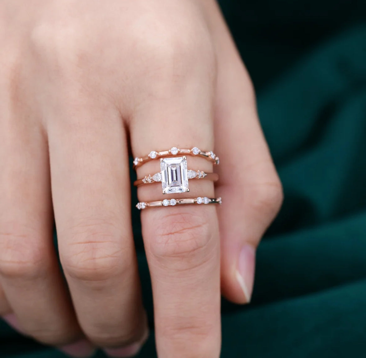 1.5 ct 3PCS Emerald Cut Diamond Engagement Ring Set 18k Gold