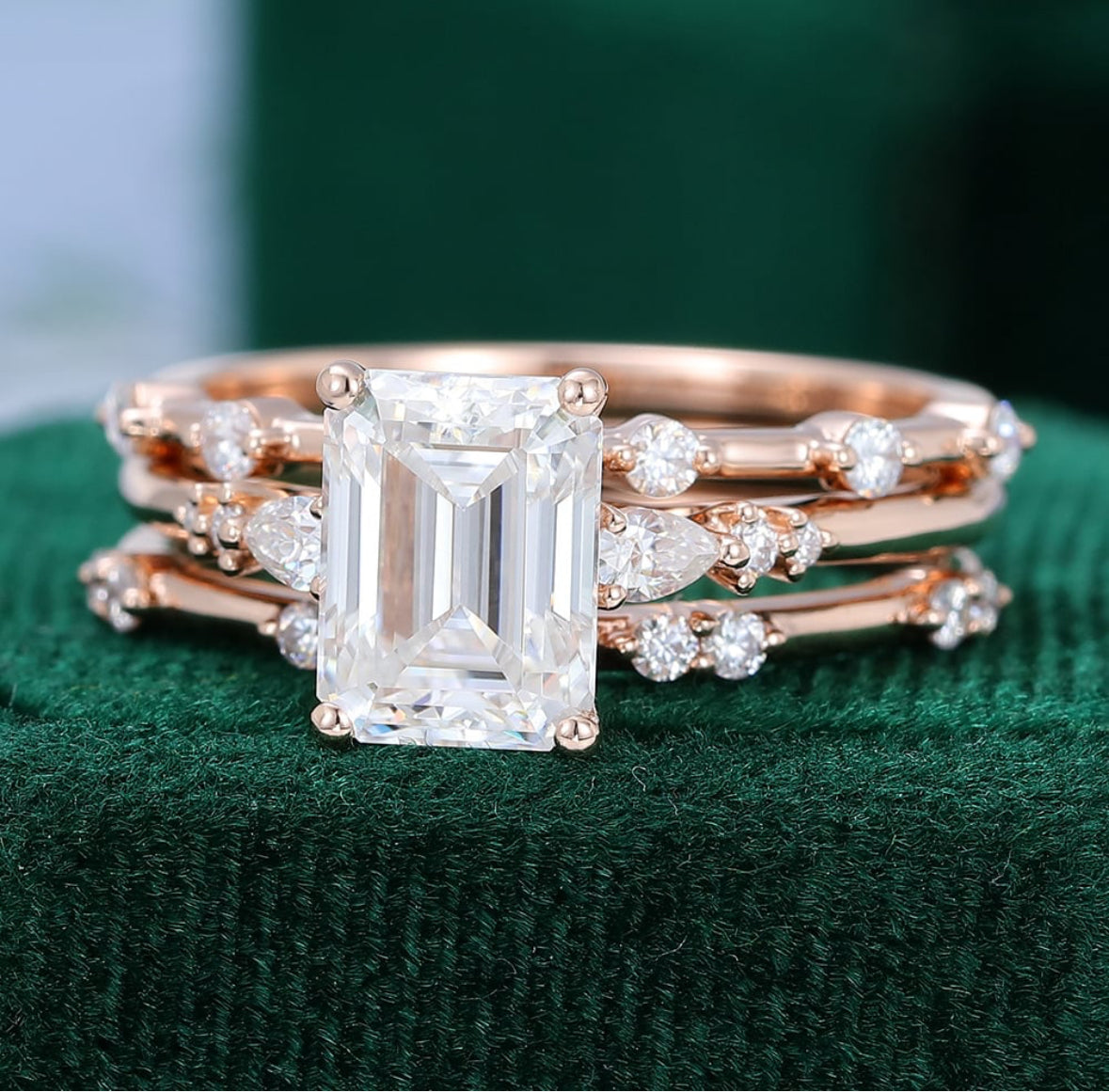 1.5 ct 3PCS Emerald Cut Diamond Engagement Ring Set 18k Gold