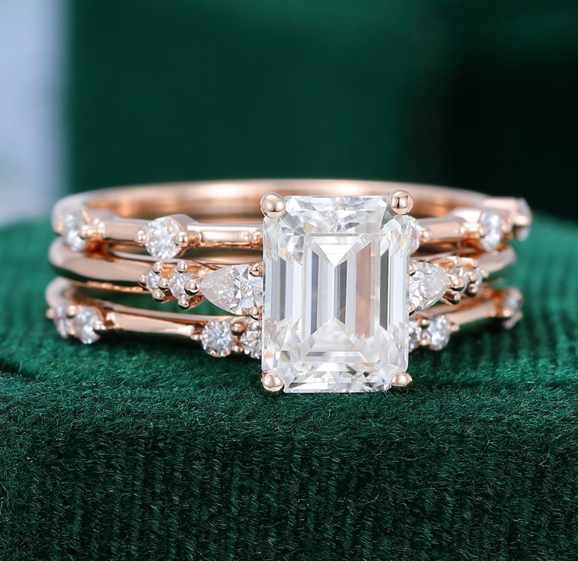 1.5 ct 3PCS Emerald Cut Diamond Engagement Ring Set 18k Gold