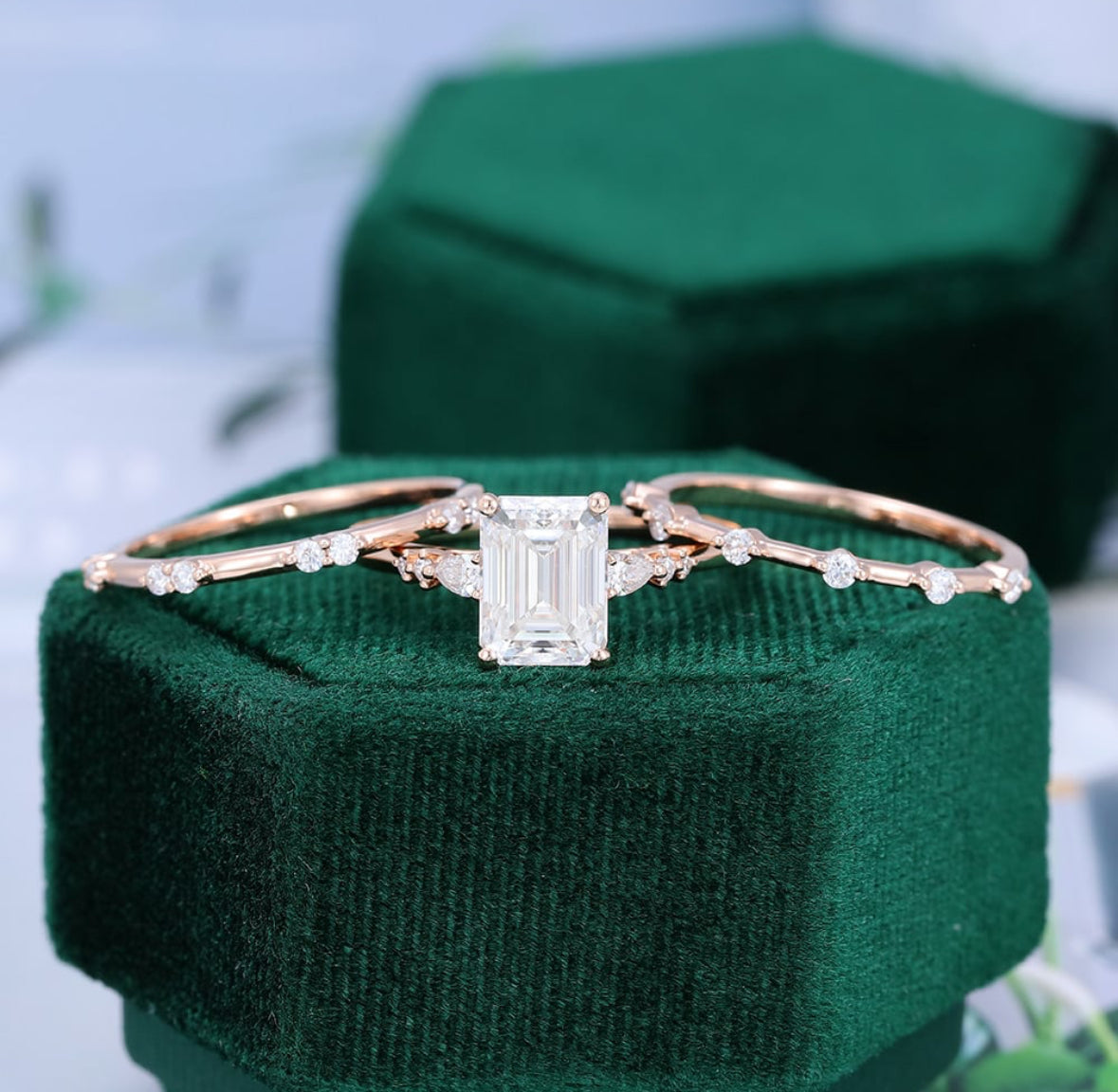 1.5 ct 3PCS Emerald Cut Diamond Engagement Ring Set 18k Gold