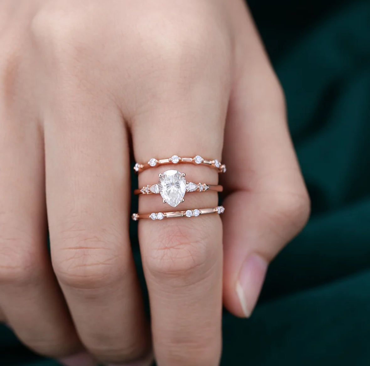 1.5 ct 3PCS Pear Shaped Diamond 18k Rose Gold Engagement Ring Set
