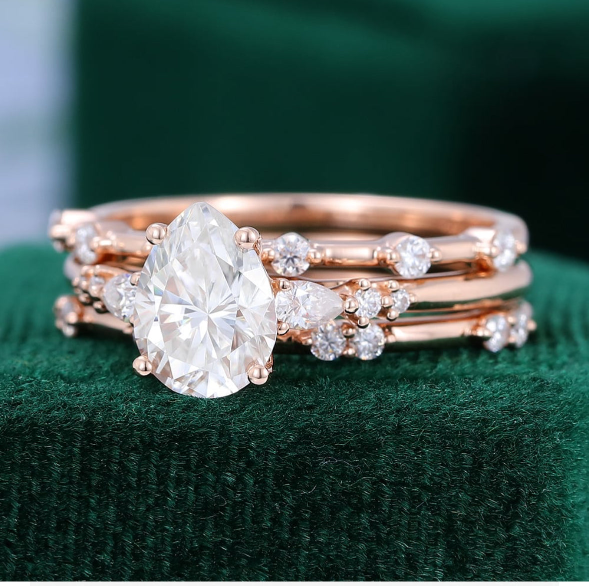 1.5 ct 3PCS Pear Shaped Diamond 18k Rose Gold Engagement Ring Set