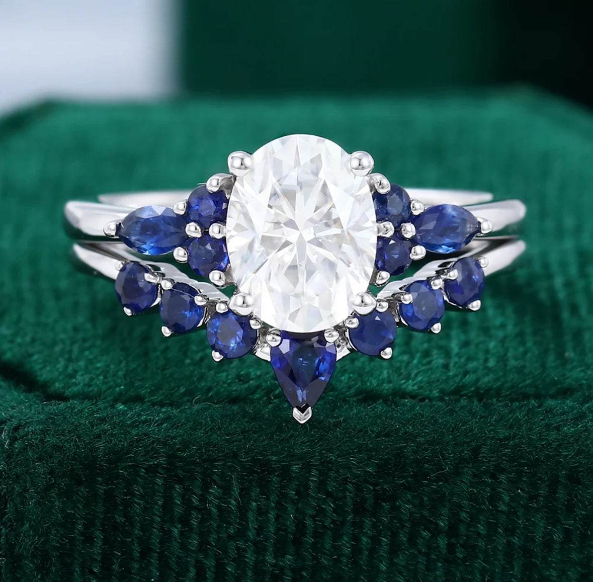 1.5 ct Oval Cut Diamond Engagement Ring Set Sapphire Accents Bridal Set 18k Gold