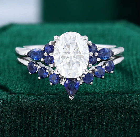 1.5 ct Oval Cut Diamond Engagement Ring Set Sapphire Accents Bridal Set 18k Gold