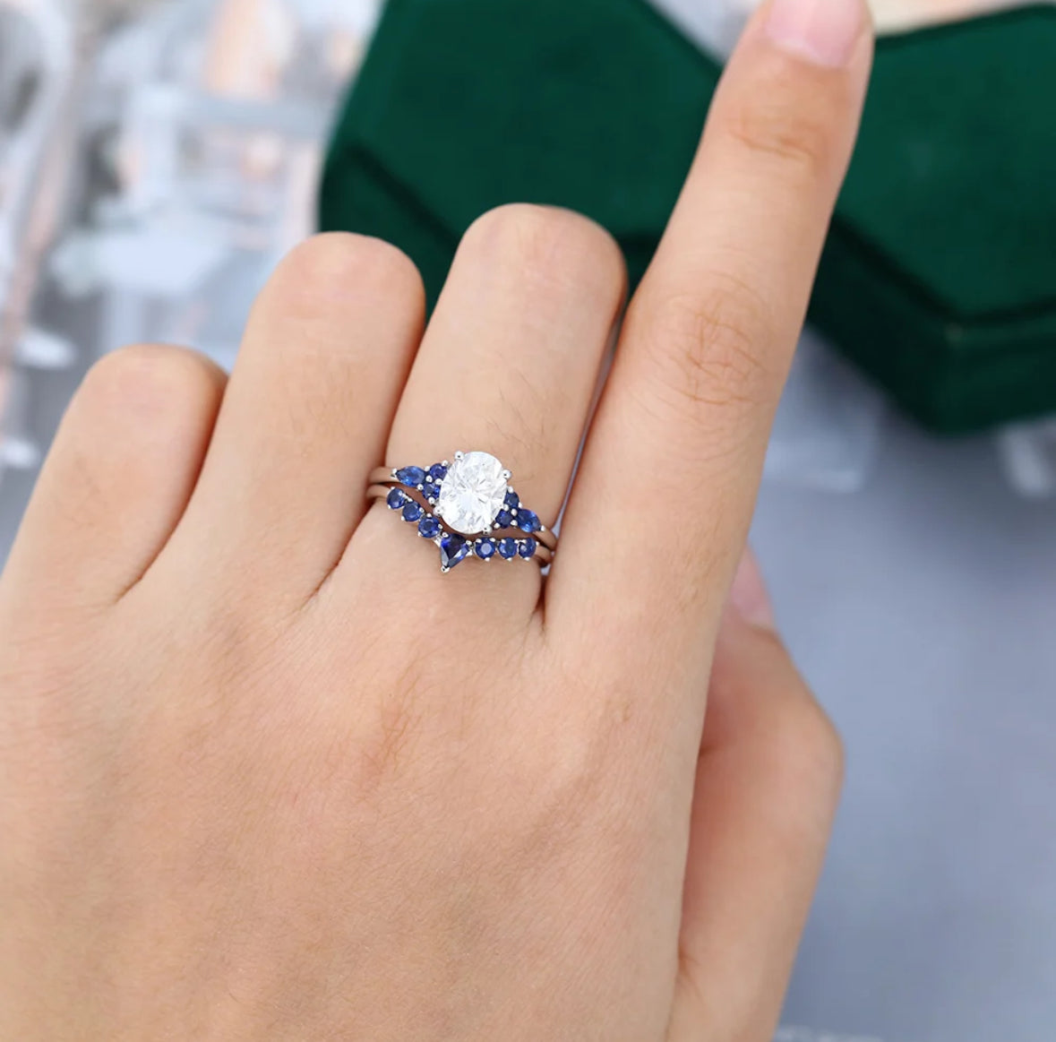 1.5 ct Oval Cut Diamond Engagement Ring Set Sapphire Accents Bridal Set 18k Gold