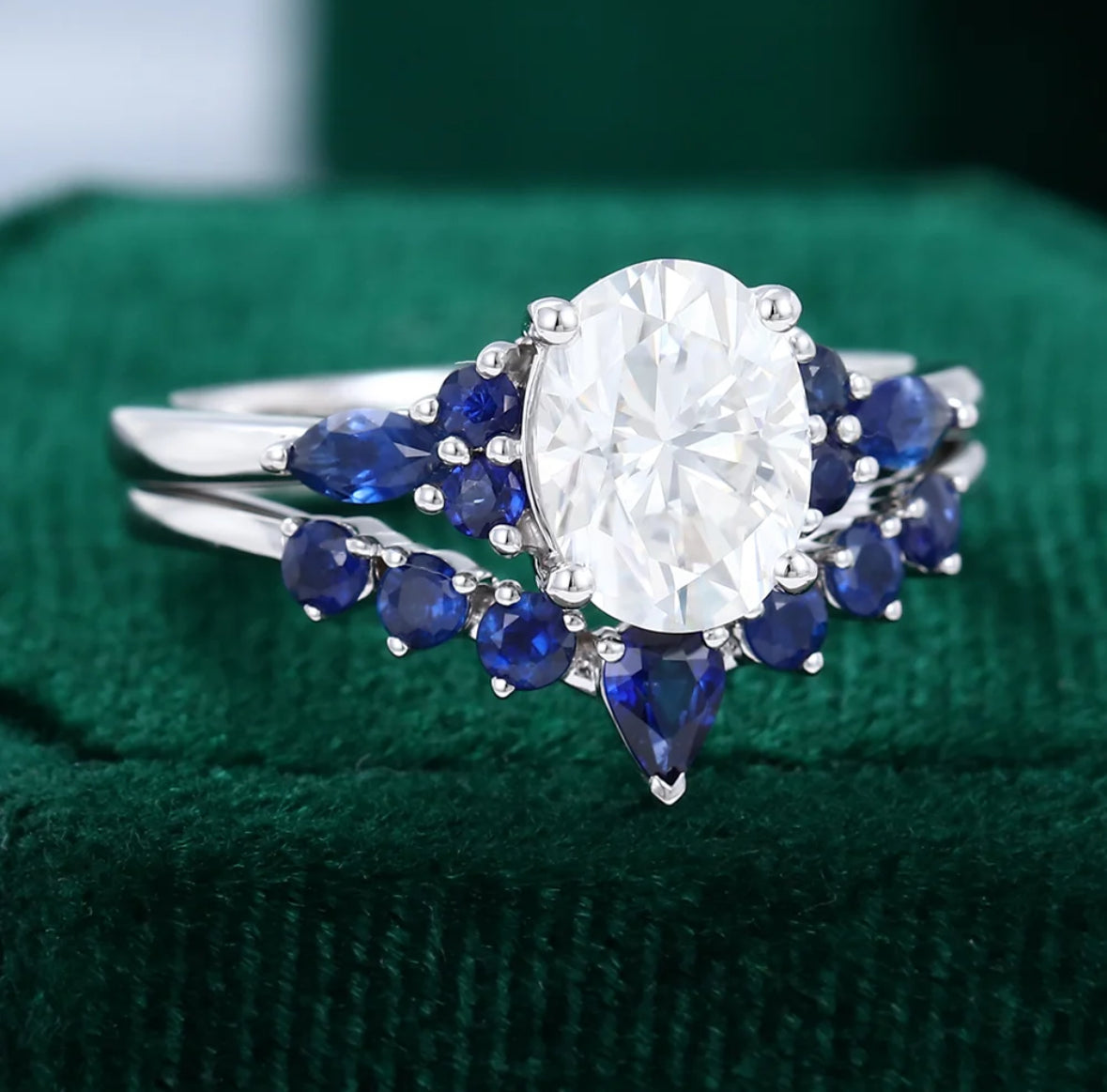 1.5 ct Oval Cut Diamond Engagement Ring Set Sapphire Accents Bridal Set 18k Gold