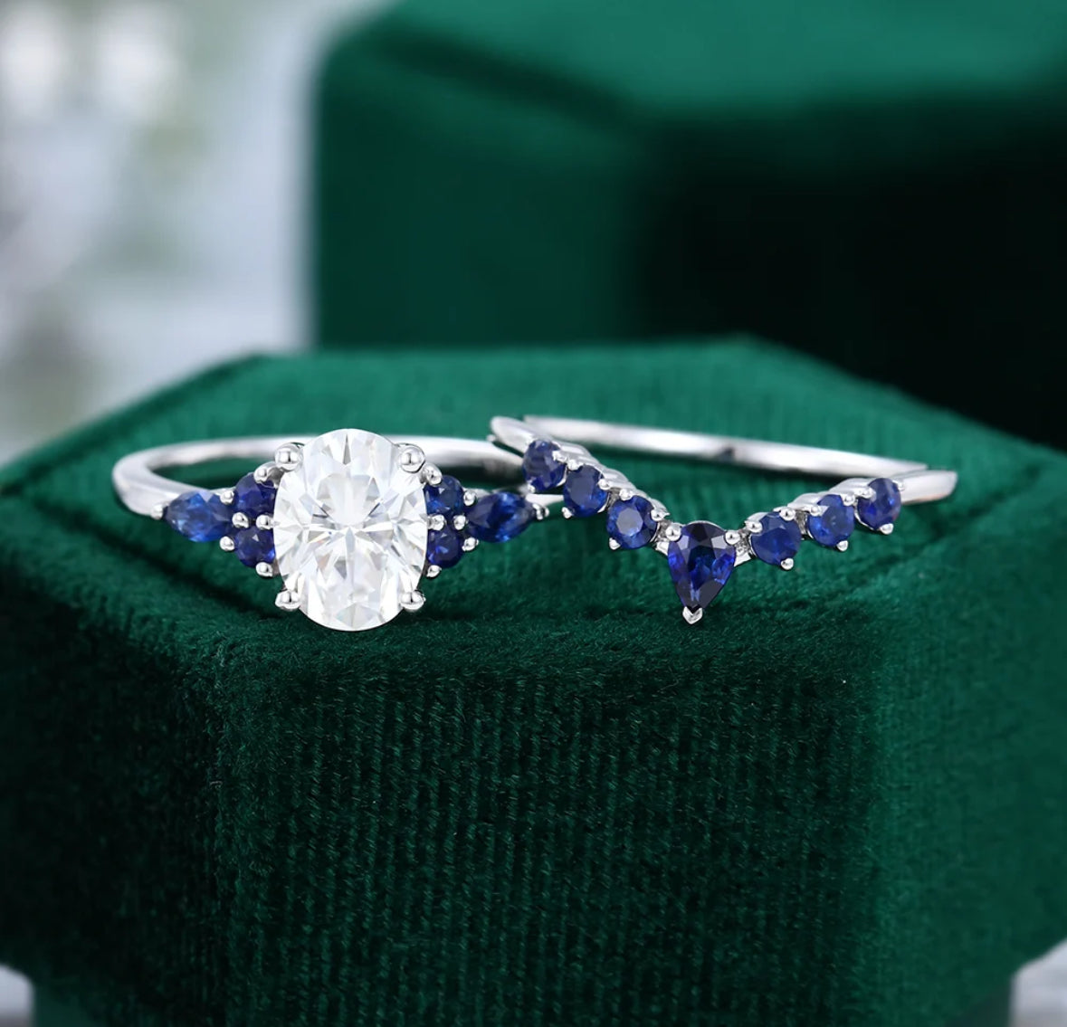 1.5 ct Oval Cut Diamond Engagement Ring Set Sapphire Accents Bridal Set 18k Gold