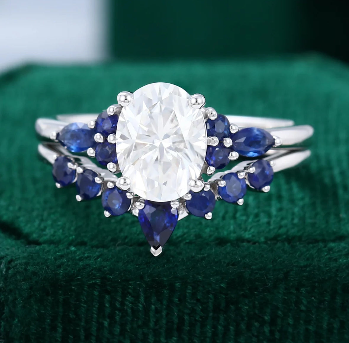 1.5 ct Oval Cut Diamond Engagement Ring Set Sapphire Accents Bridal Set 18k Gold
