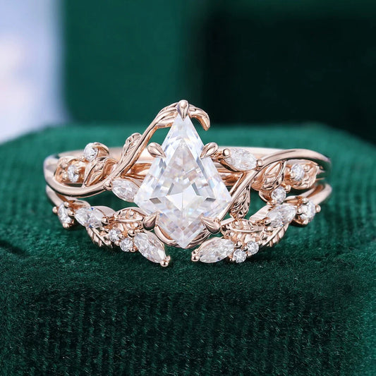 1.5 ct Kite Cut Diamond Bridal Ring Set Nature Inspired Leaf Ring Set 18k Gold