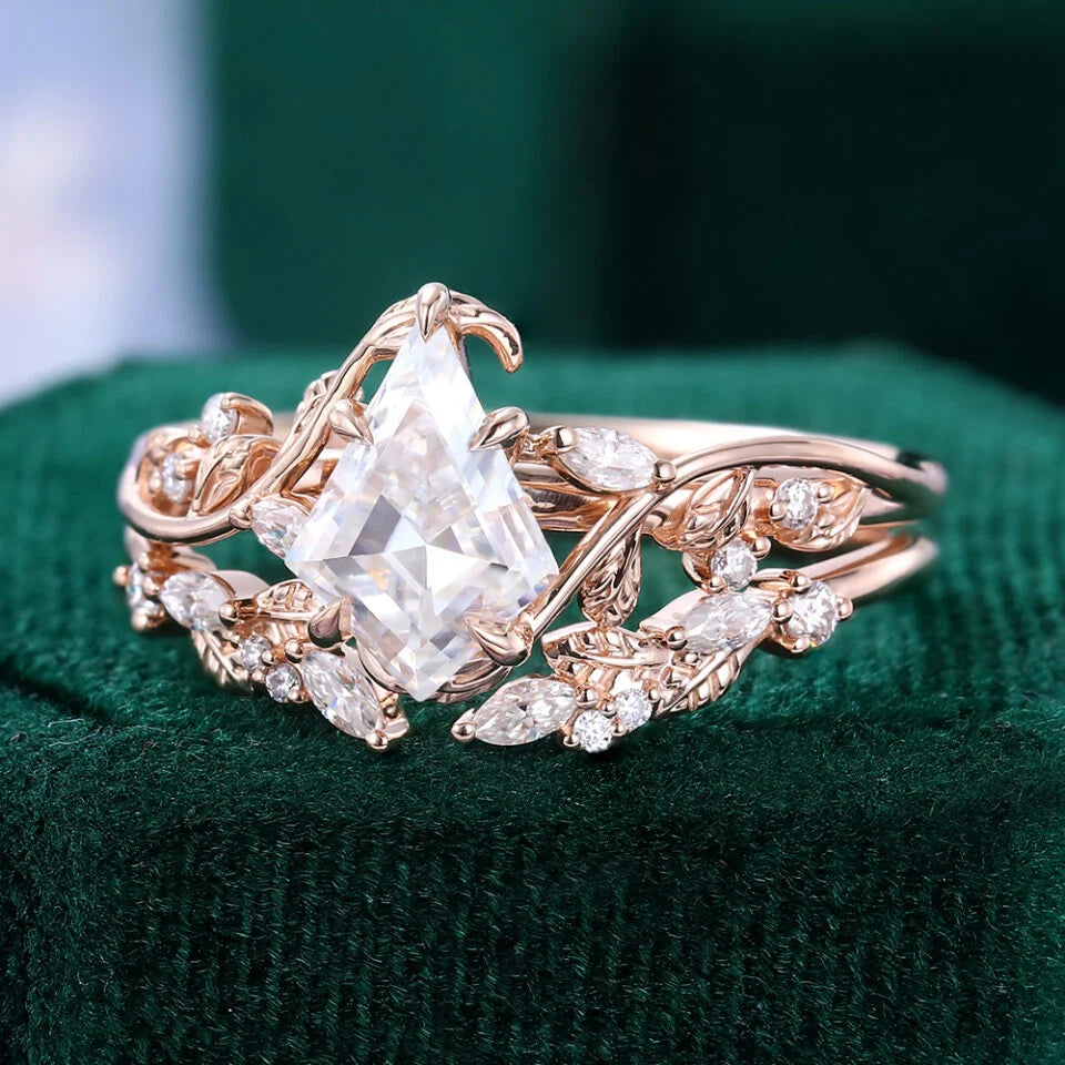 1.5 ct Kite Cut Diamond Bridal Ring Set Nature Inspired Leaf Ring Set 18k Gold