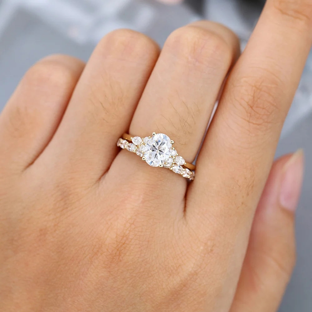 1.5 ct Oval Cut Diamond Matching Ring Set 18k Gold With 3/4 Eternity Wedding Band