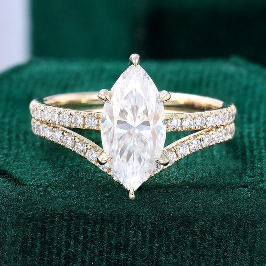 1.5 ct Marquise Cut Diamond Hidden Halo Engagement Ring With Half Eternity Pavé Band Bridal Ring Set 18k Gold