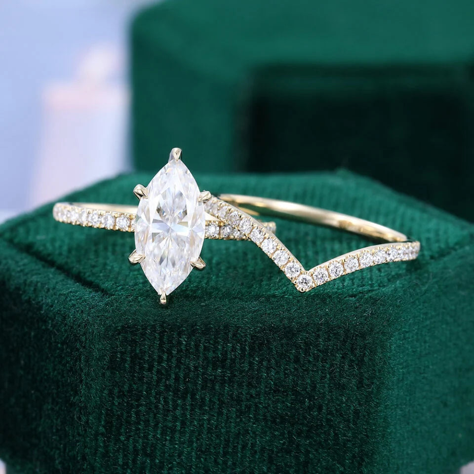 1.5 ct Marquise Cut Diamond Hidden Halo Engagement Ring With Half Eternity Pavé Band Bridal Ring Set 18k Gold