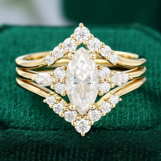 1.5 ct Marquise Cut Diamond Wedding Ring Set 3PCS Cluster Matching Ring Set 18k Gold