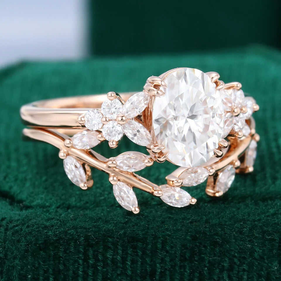1.5 ct Oval Cut Diamond Leaf Engagement Ring Set In 18K Rose Gold