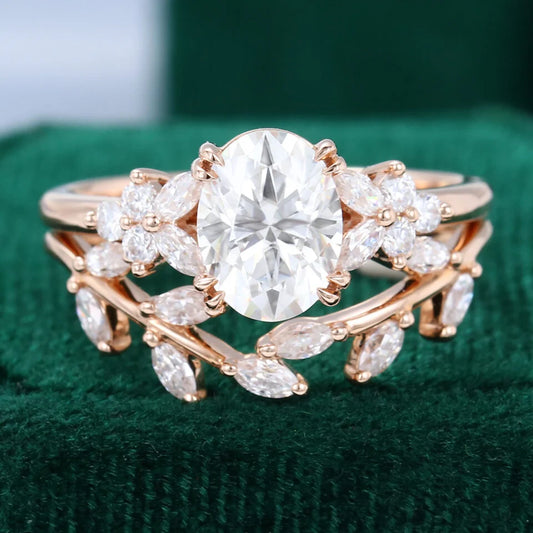 1.5 ct Oval Cut Diamond Leaf Engagement Ring Set In 18K Rose Gold