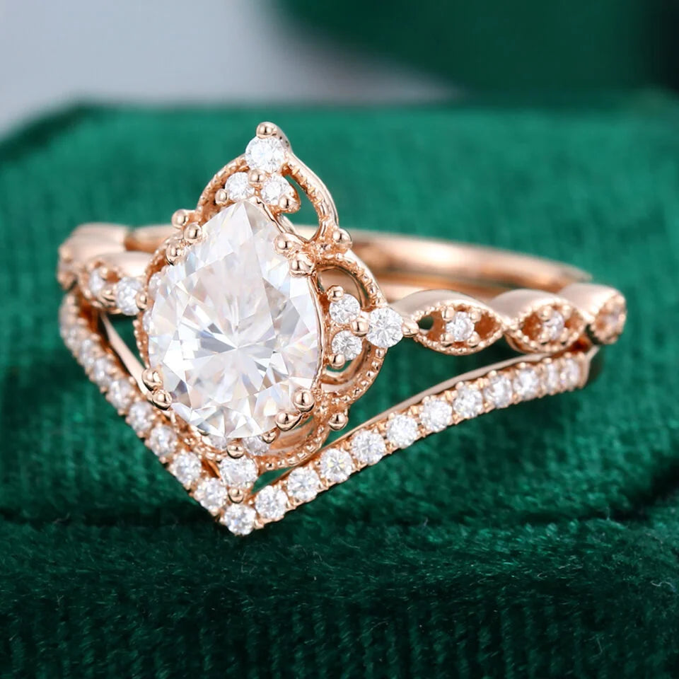1.5 ct Filigree Floral Halo Engagement Ring Set Pear Shaped Diamond Ring Set 18k Gold