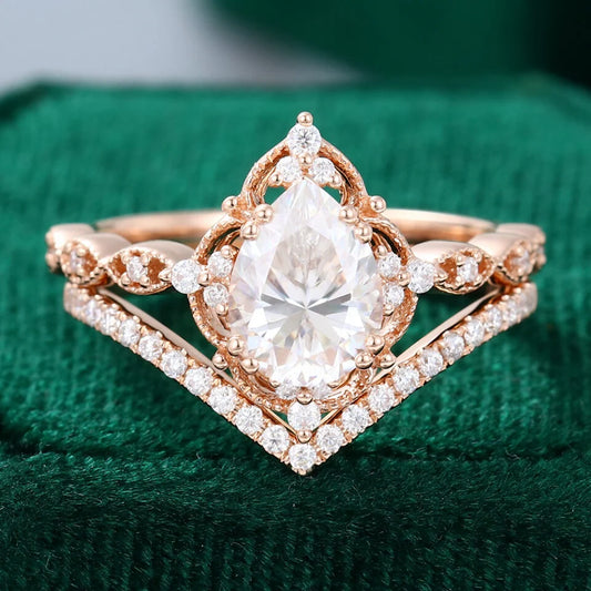 1.5 ct Filigree Floral Halo Engagement Ring Set Pear Shaped Diamond Ring Set 18k Gold