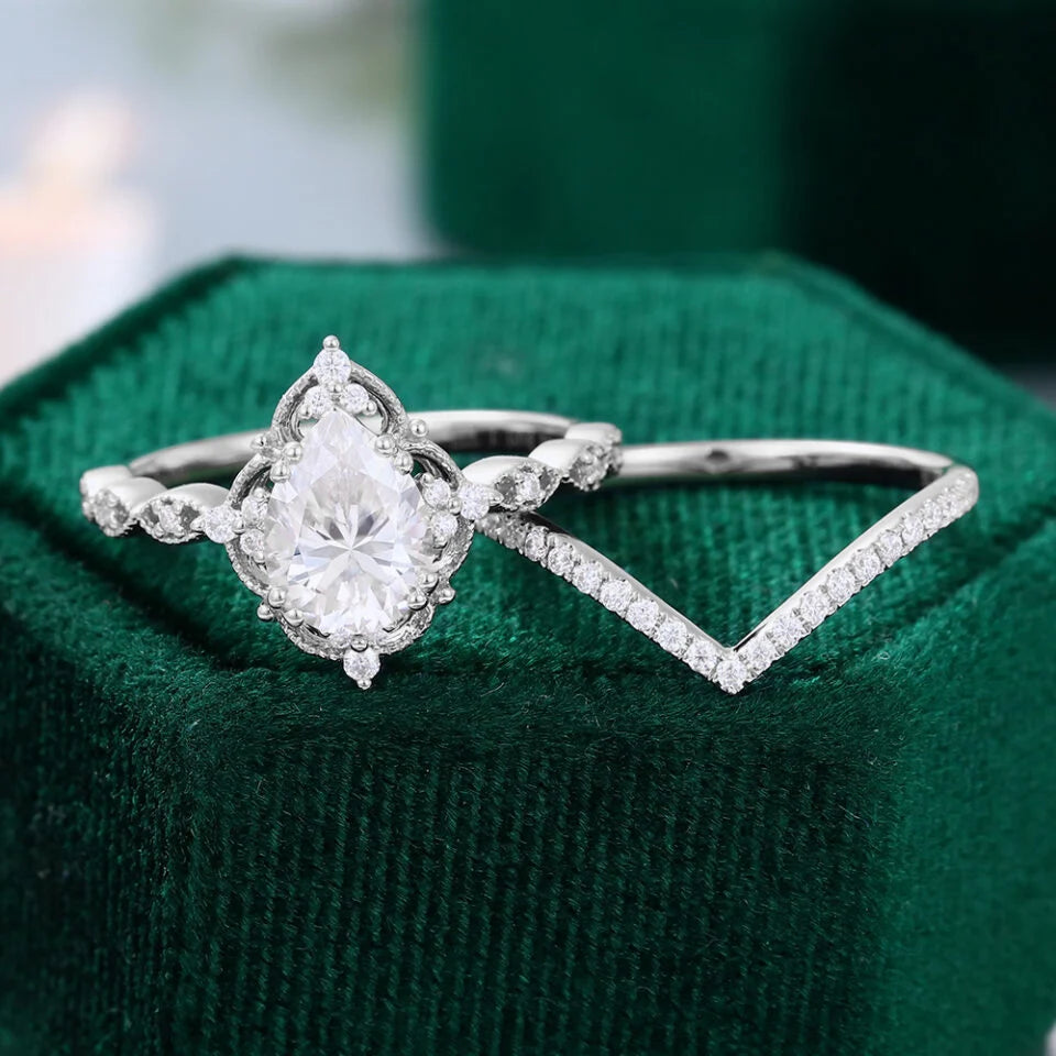 1.5 ct Filigree Floral Halo Engagement Ring Set Pear Shaped Diamond Ring Set 18k Gold