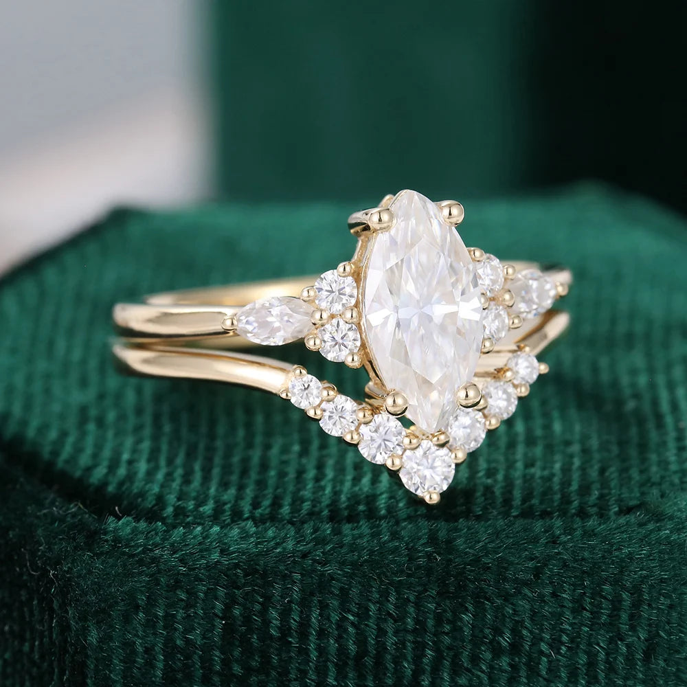 1.5 ct Yellow Gold Marquise Cut Diamond Engagement Ring Set 18k Gold
