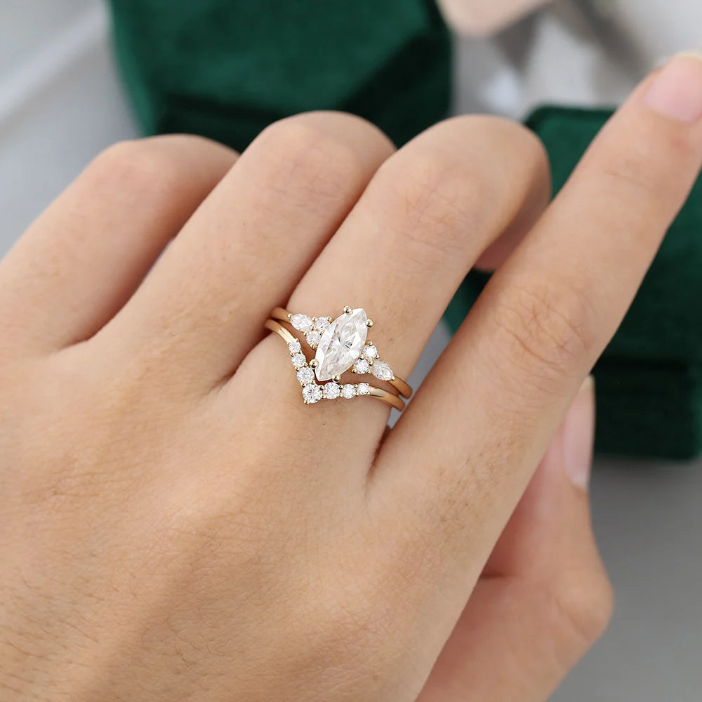1.5 ct Yellow Gold Marquise Cut Diamond Engagement Ring Set 18k Gold