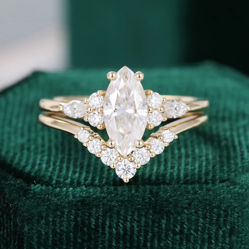 1.5 ct Yellow Gold Marquise Cut Diamond Engagement Ring Set 18k Gold