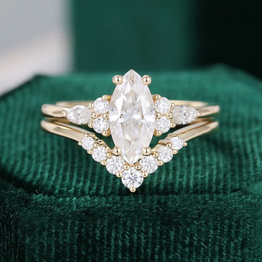 1.5 ct Yellow Gold Marquise Cut Diamond Engagement Ring Set 18k Gold