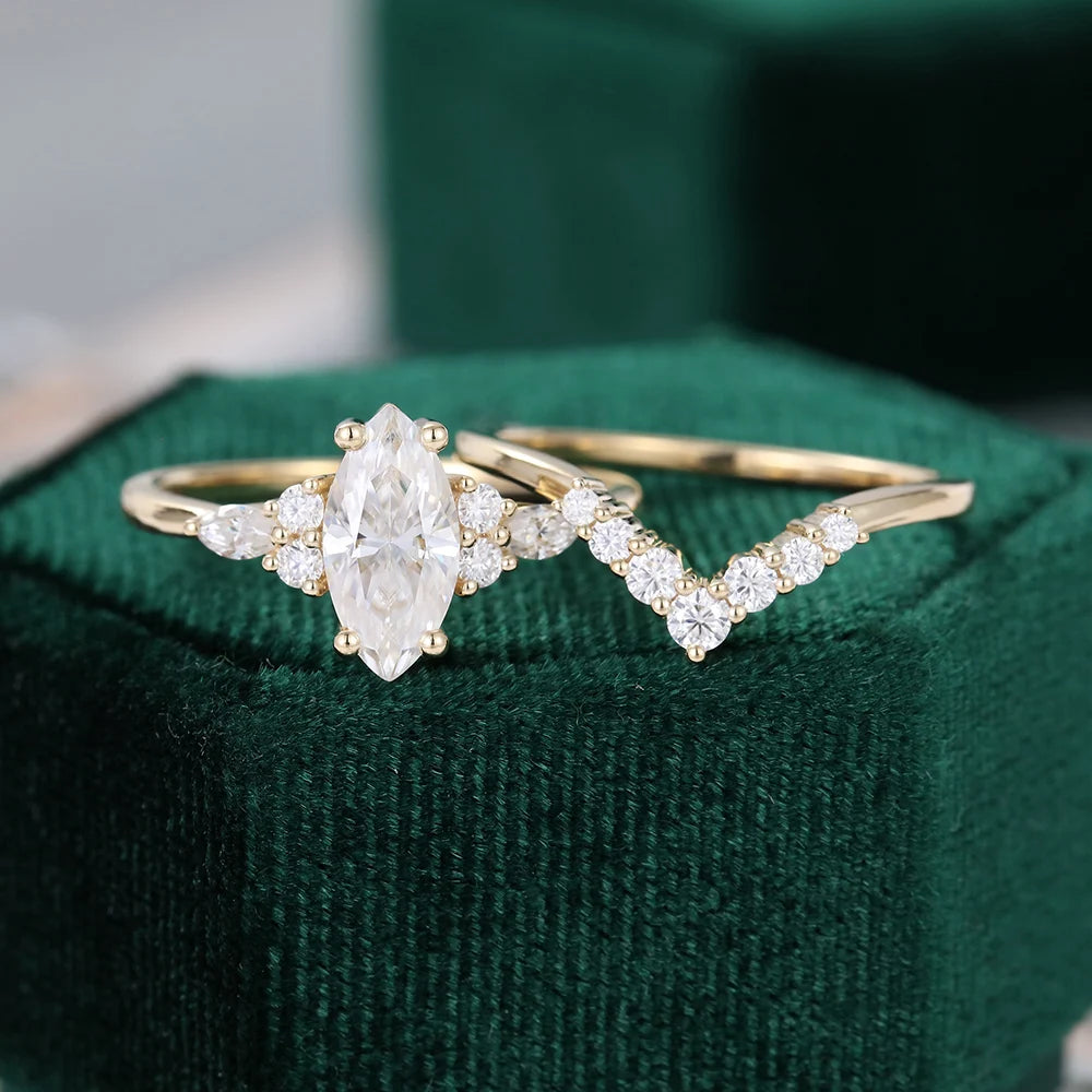 1.5 ct Yellow Gold Marquise Cut Diamond Engagement Ring Set 18k Gold