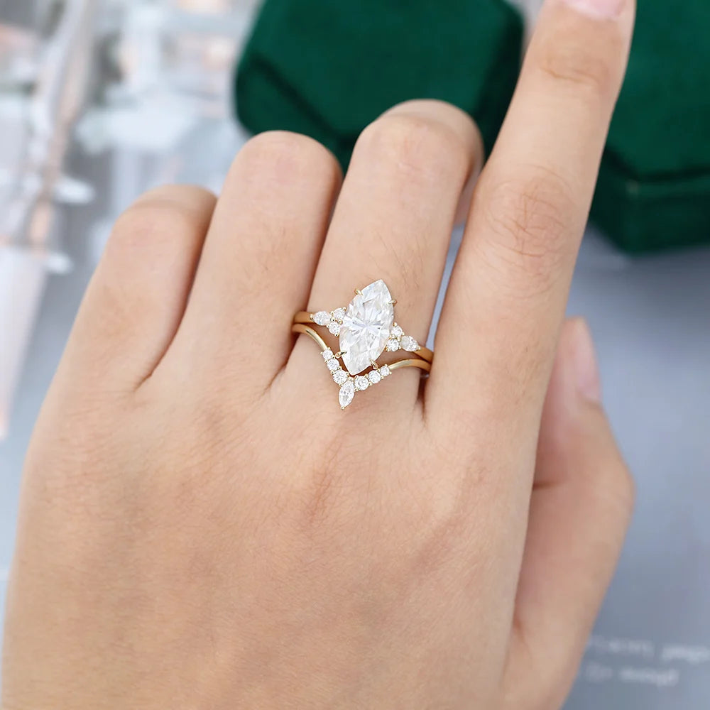 1.5 ct Yellow Gold Marquise Diamond Engagement Ring Set 18k Gold