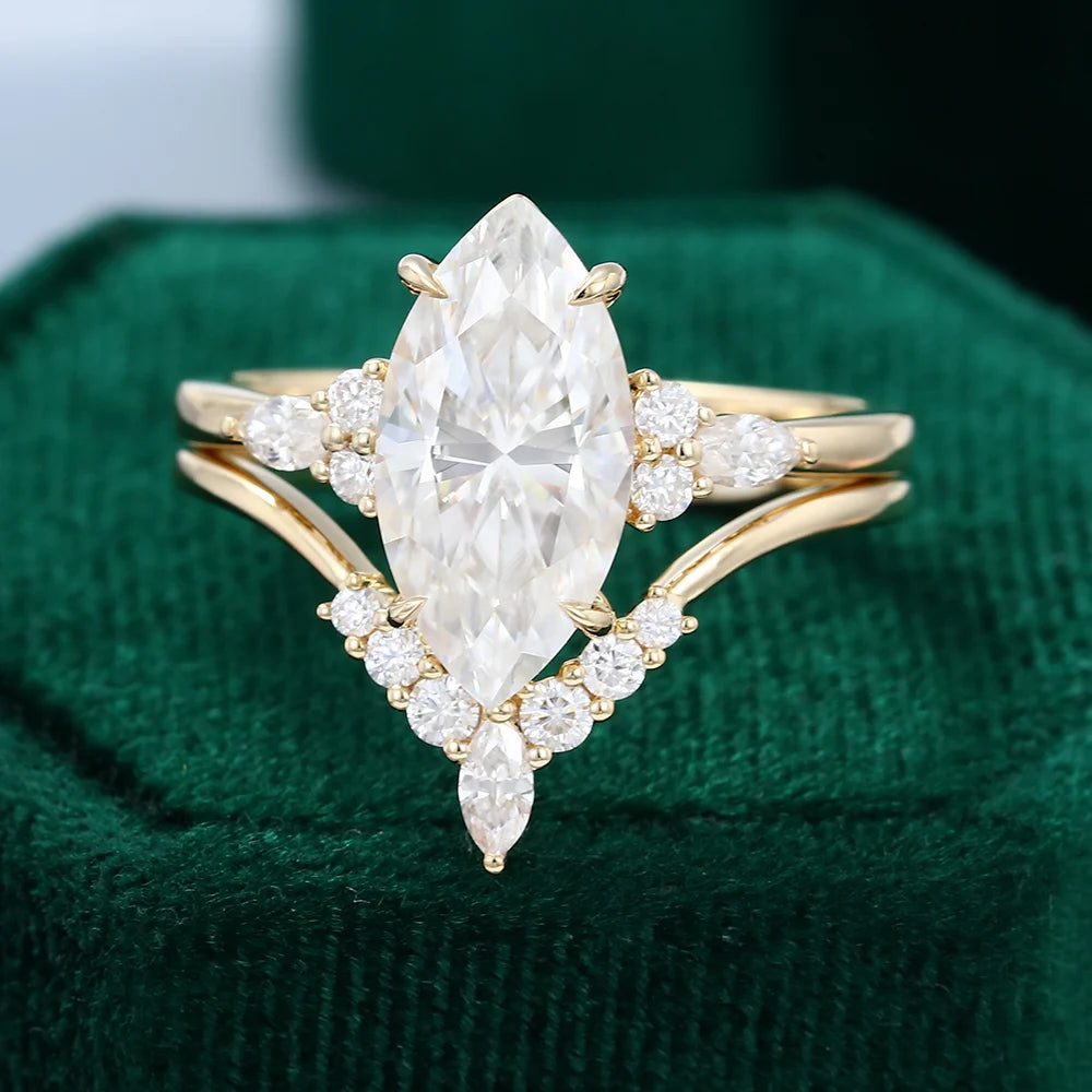 1.5 ct Yellow Gold Marquise Diamond Engagement Ring Set 18k Gold