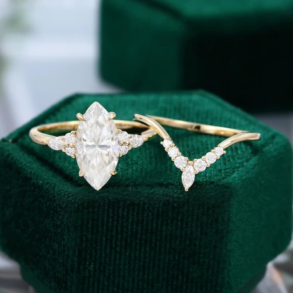 1.5 ct Yellow Gold Marquise Diamond Engagement Ring Set 18k Gold